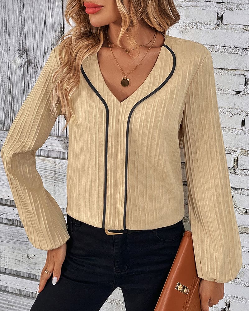 Blouse with Long Sleeves and V-Neck - Alina-Beige-S-State of Style