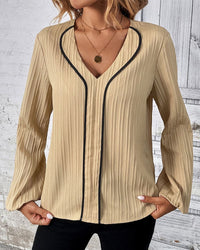 Blouse with Long Sleeves and V-Neck - Alina-Beige-S-State of Style