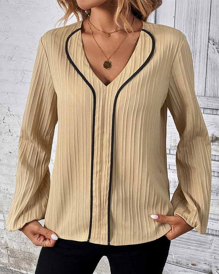Blouse with Long Sleeves and V-Neck - Alina-Beige-S-State of Style