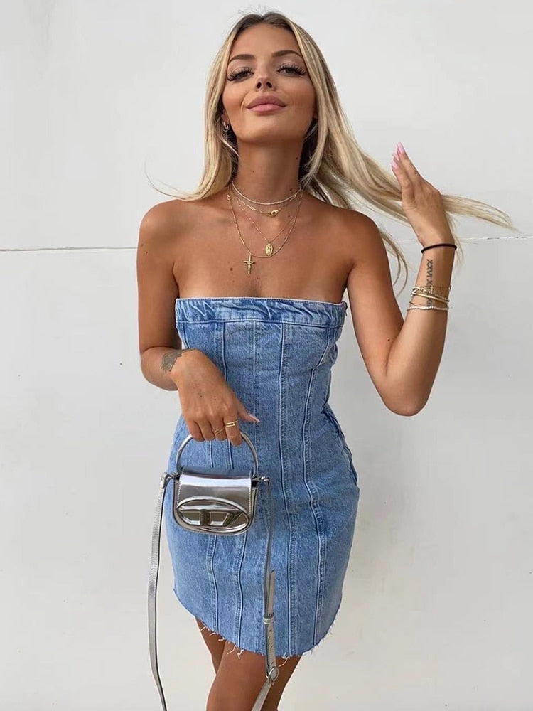 Bobbie Strapless Denim Dress | Cool and Unique-Light Blue-XS-State of Style