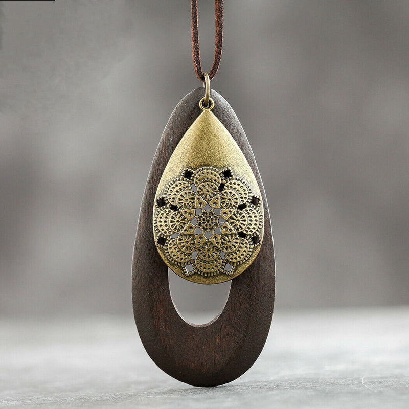 Bohemian Oval Wood Necklace | Natural Charm | Eco-Friendly-Brown-State of Style