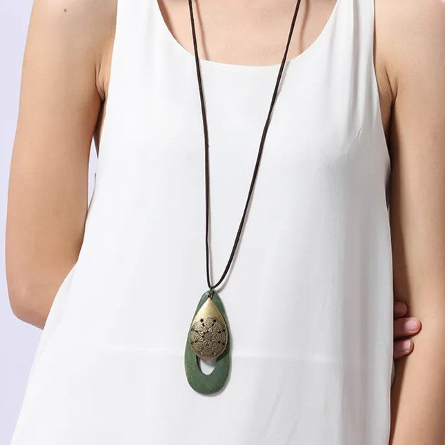 Bohemian Oval Wood Necklace | Natural Charm | Eco-Friendly-Green-State of Style