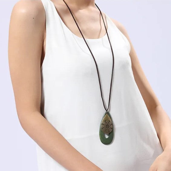 Bohemian Oval Wood Necklace | Natural Charm | Eco-Friendly-Green-State of Style