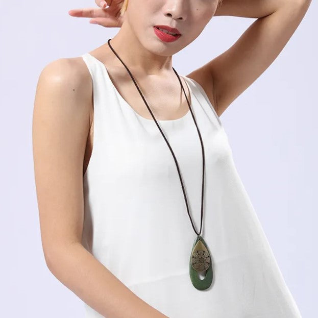 Bohemian Oval Wood Necklace | Natural Charm | Eco-Friendly-Green-State of Style