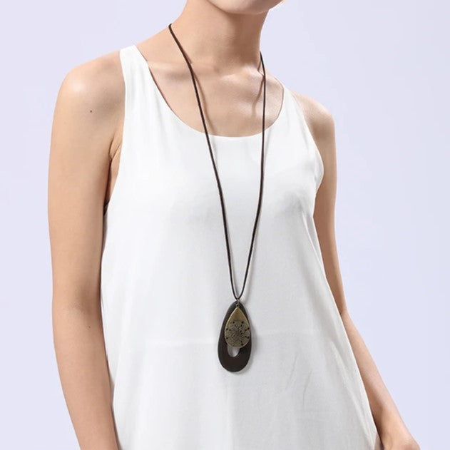 Bohemian Oval Wood Necklace | Natural Charm | Eco-Friendly-Green-State of Style