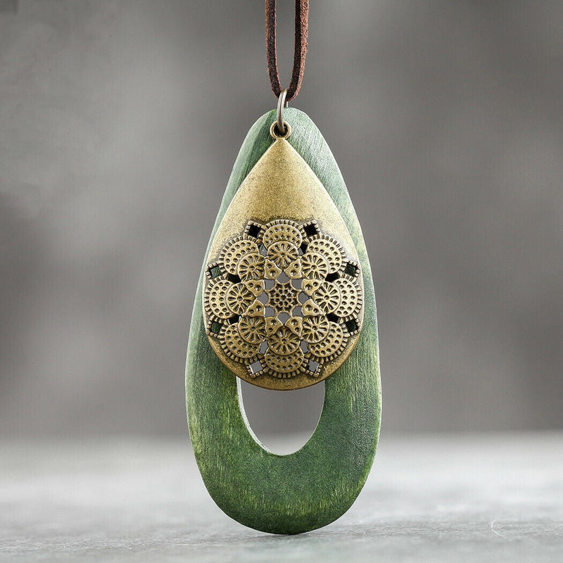 Bohemian Oval Wood Necklace | Natural Charm | Eco-Friendly-Green-State of Style