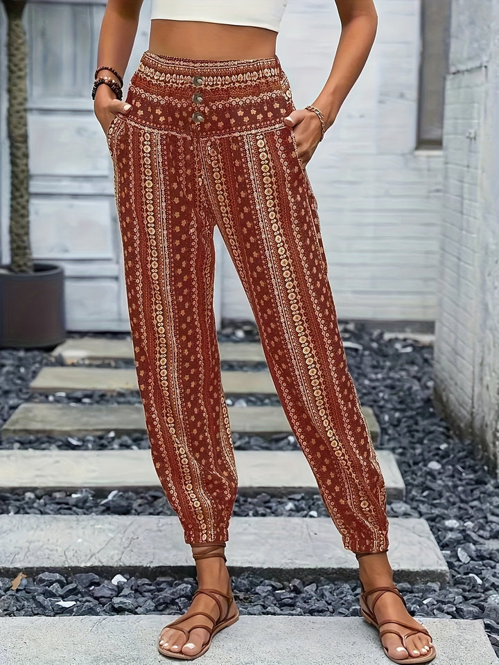 Boho High-Waist Women's Trousers with Print & Smocked Waistband – Linara-Brick red-S-State of Style
