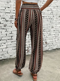 Boho High-Waist Women's Trousers with Print & Smocked Waistband – Linara-Dark brown-S-State of Style