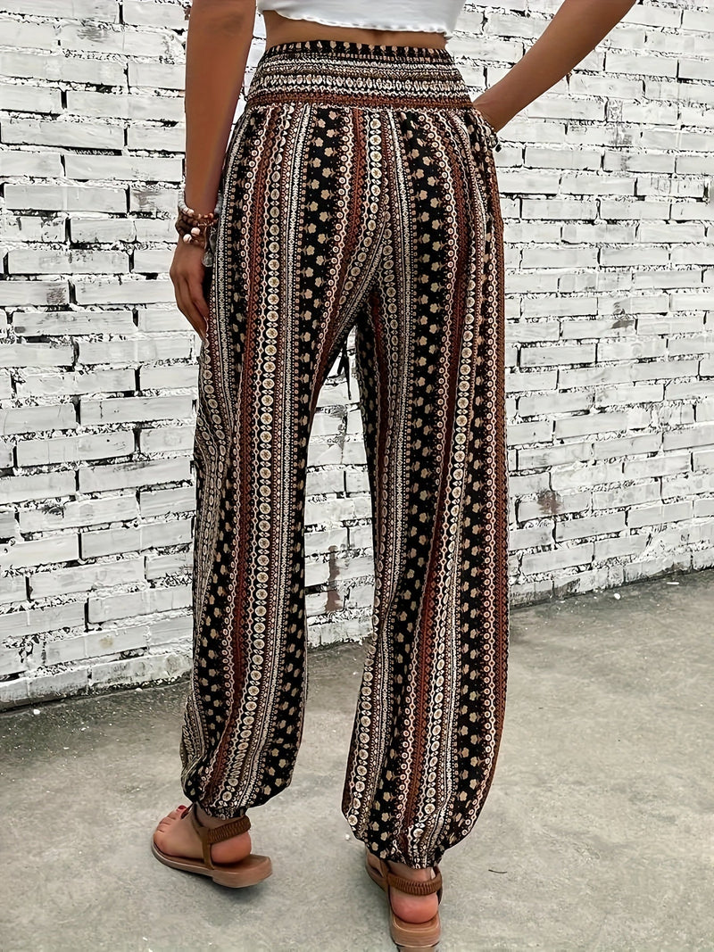 Boho High-Waist Women's Trousers with Print & Smocked Waistband – Linara-Dark brown-S-State of Style