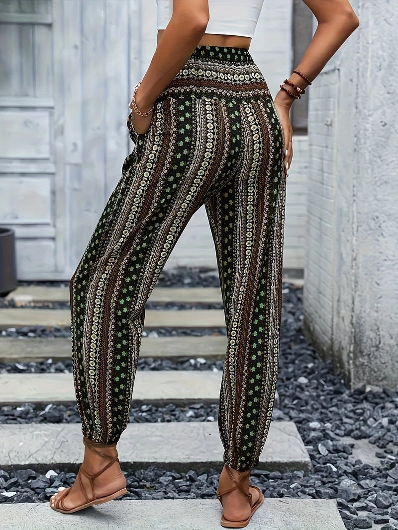 Boho High-Waist Women's Trousers with Print & Smocked Waistband – Linara-Dark brown-S-State of Style