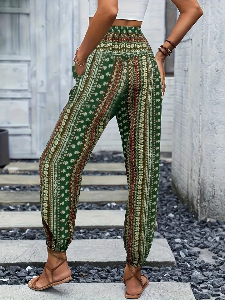 Boho High-Waist Women's Trousers with Print & Smocked Waistband – Linara-Dark brown-S-State of Style
