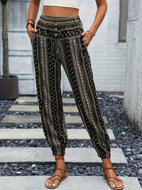 Boho High-Waist Women's Trousers with Print & Smocked Waistband – Linara-Dark green-S-State of Style