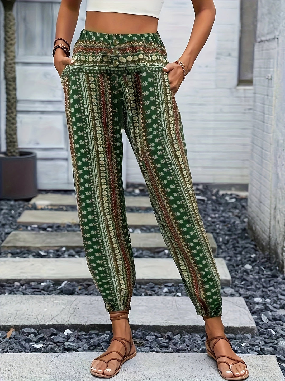 Boho High-Waist Women's Trousers with Print & Smocked Waistband – Linara-Green-S-State of Style