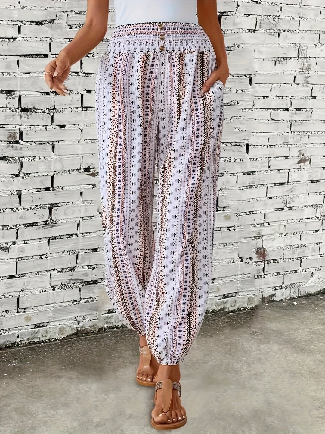 Boho High-Waist Women's Trousers with Print & Smocked Waistband – Linara-White-S-State of Style