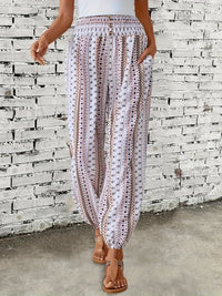 Boho High-Waist Women's Trousers with Print & Smocked Waistband – Linara-White-S-State of Style