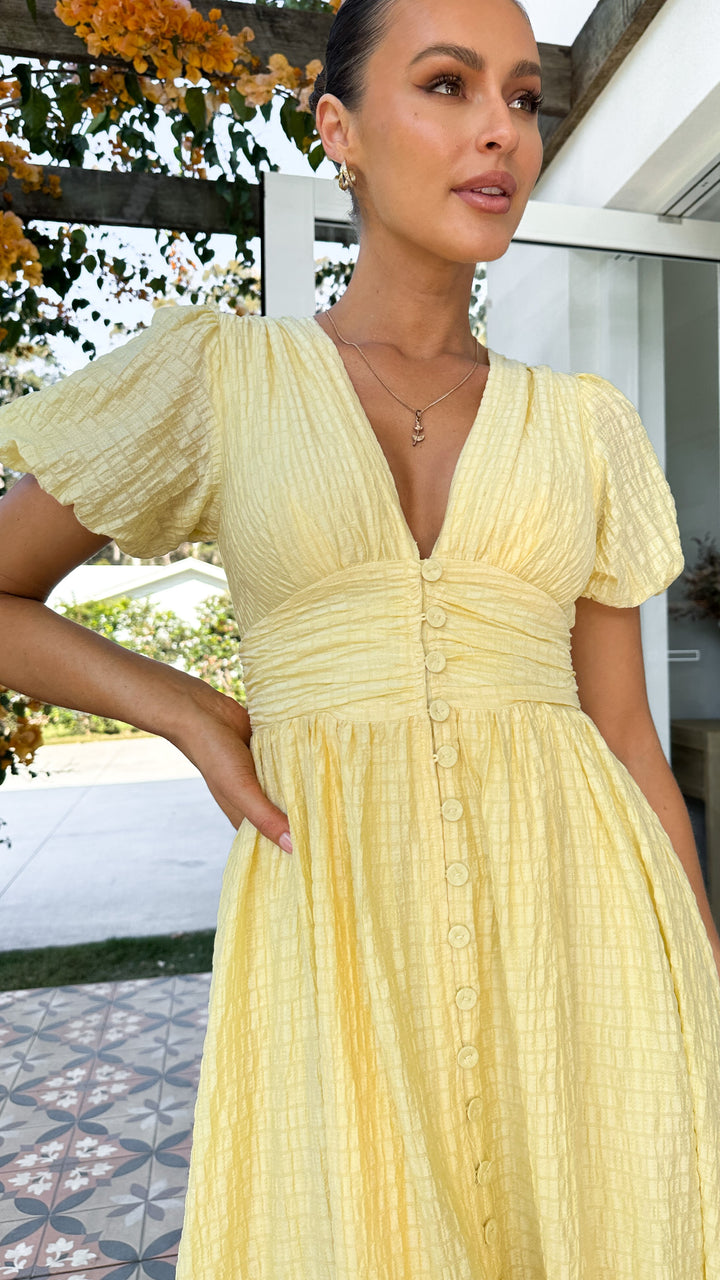 Boho maxi dress with V-neck and button placket – Yara-Blue-S-State of Style