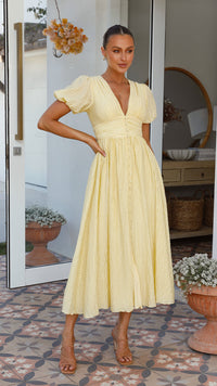Boho maxi dress with V-neck and button placket – Yara-Yellow-S-State of Style