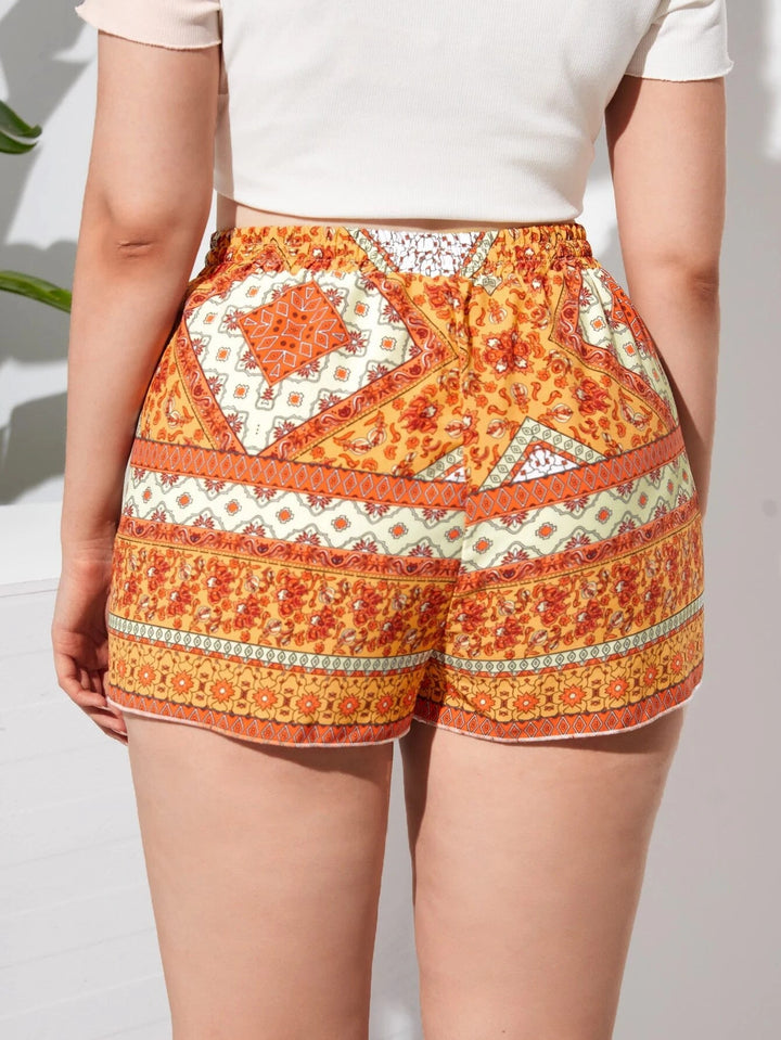 Boho Shorts with Floral Print in Plus Size-Orange-2XL-State of Style