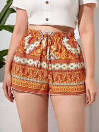 Boho Shorts with Floral Print in Plus Size-Orange-2XL-State of Style