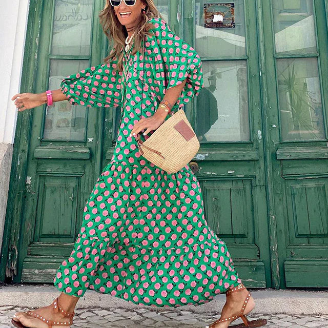 Boho summer dress in Ibiza style with a loose fit – Elira-Green & Roses-S-State of Style