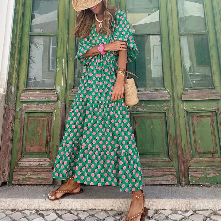 Boho summer dress in Ibiza style with a loose fit – Elira-Green & White-S-State of Style