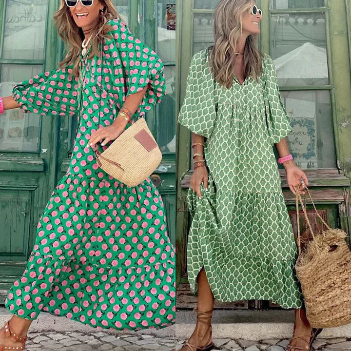 Boho summer dress in Ibiza style with a loose fit – Elira-Green & White-S-State of Style