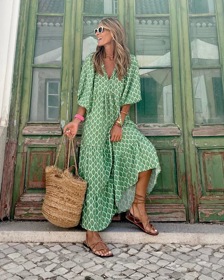 Boho summer dress in Ibiza style with a loose fit – Elira-Green & White-S-State of Style