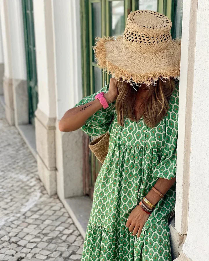 Boho summer dress in Ibiza style with a loose fit – Elira-Green & White-S-State of Style