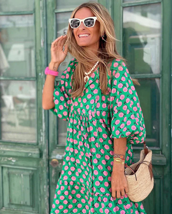 Boho summer dress in Ibiza style with a loose fit – Elira-Green & White-S-State of Style