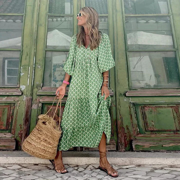 Boho summer dress in Ibiza style with a loose fit – Elira-Green & White-S-State of Style
