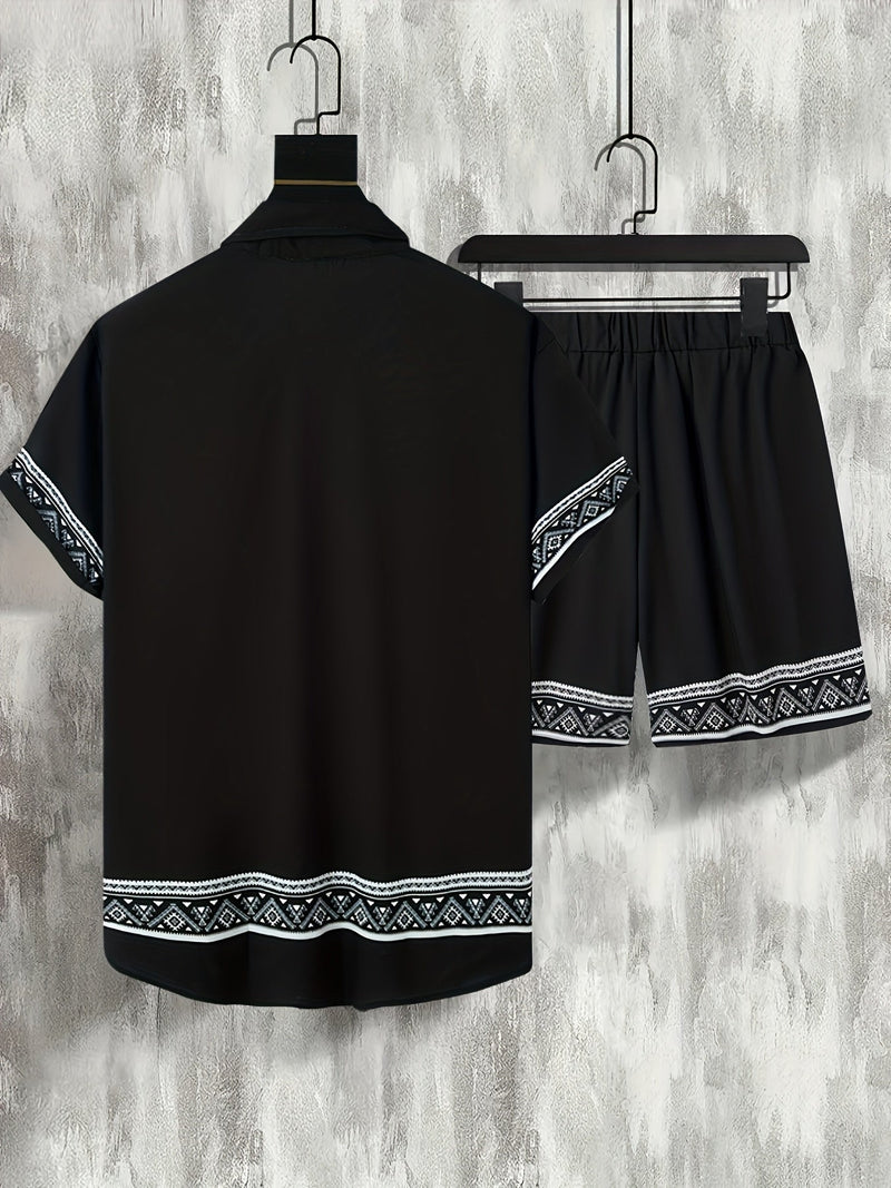 Boho Summer Set Men Two-Piece Shirt and Shorts Relaxed - Malik-Black-M(48)-State of Style