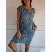 Botanical summer dress with round neck & floral A-line shape – Elvira-Blue-S-State of Style