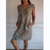 Botanical summer dress with round neck & floral A-line shape – Elvira-Khaki-S-State of Style