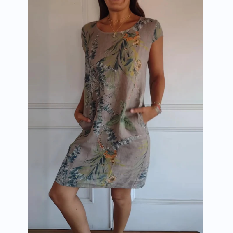 Botanical summer dress with round neck & floral A-line shape – Elvira-Khaki-S-State of Style