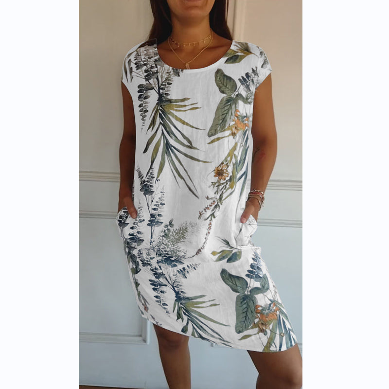Botanical summer dress with round neck & floral A-line shape – Elvira-White-Green-S-State of Style