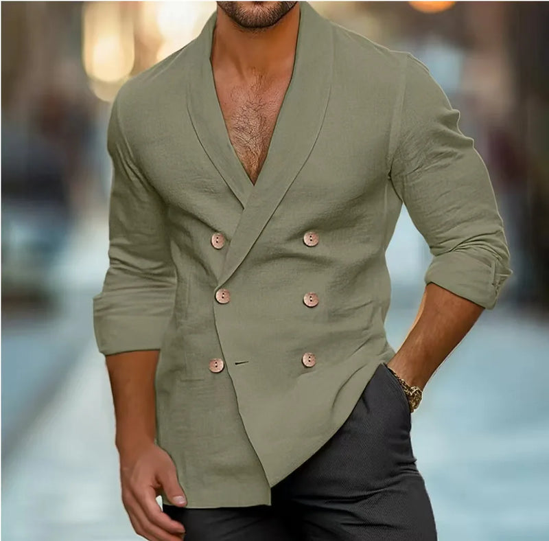 Breathable & Stylish Double-Breasted Linen Shirt for Men – Mateo-Olive green-S-State of Style