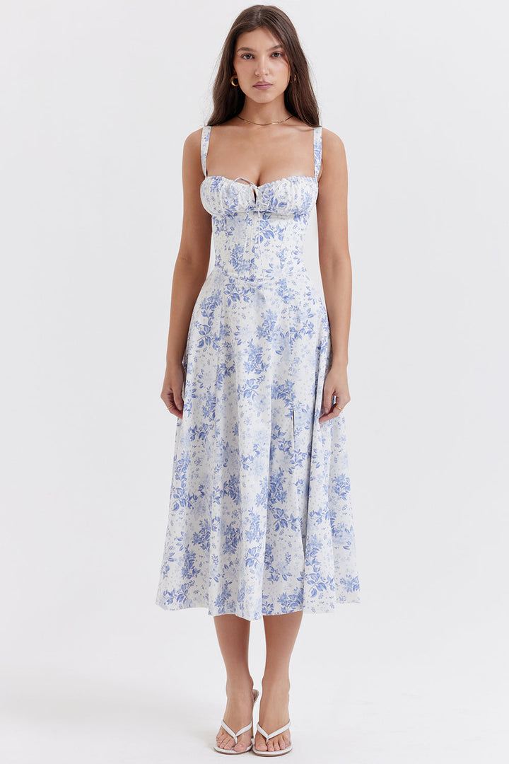 Bustier Waist-Shaping Floral Dress-Blue-flowery-S-State of Style