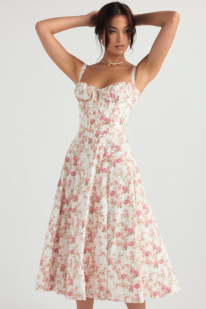 Bustier Waist-Shaping Floral Dress-Red-flowery-S-State of Style
