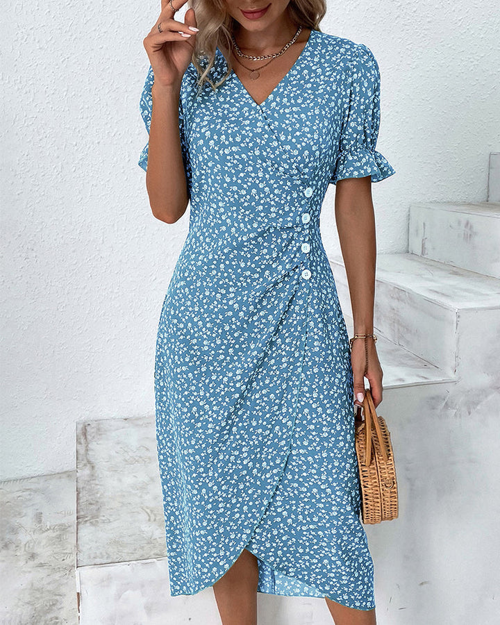 Button dress with V-neck & short sleeves – Luisa-Blue-S-State of Style