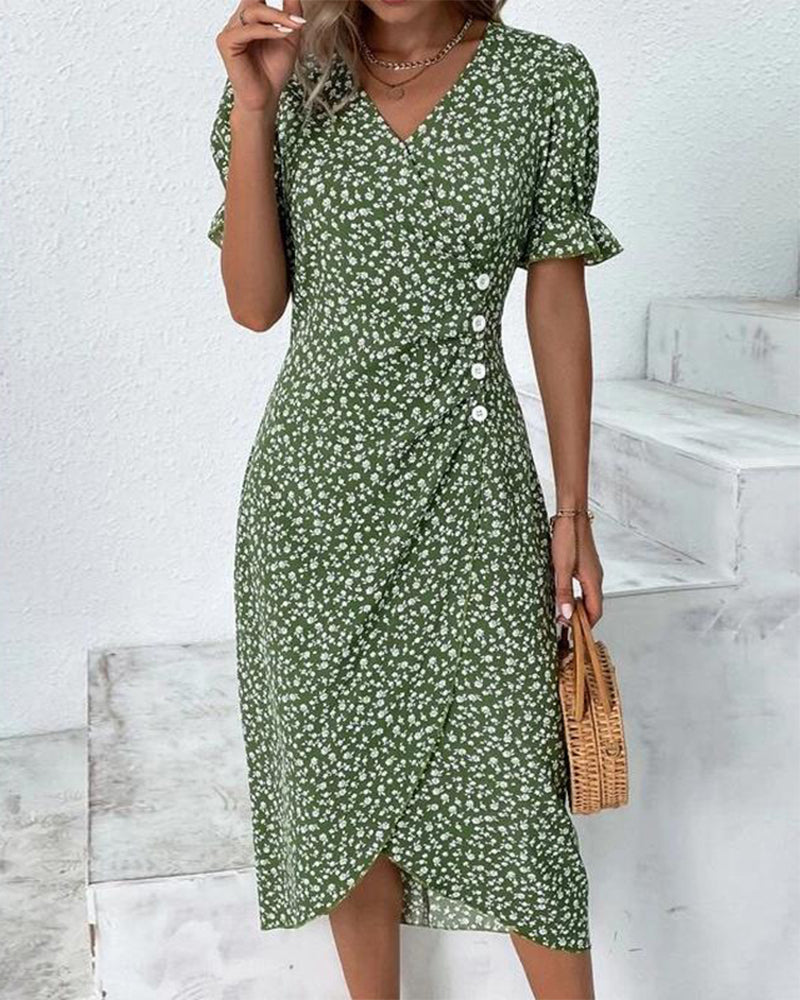 Button dress with V-neck & short sleeves – Luisa-Green-S-State of Style