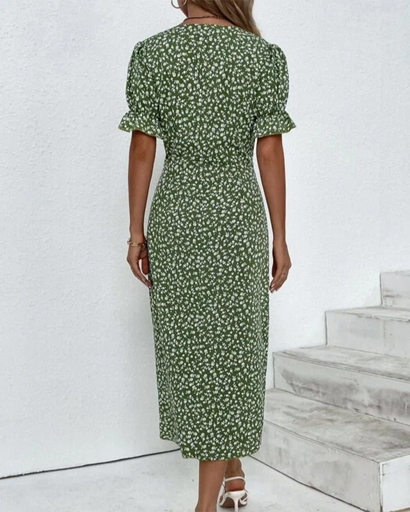 Button dress with V-neck & short sleeves – Luisa-Green-S-State of Style