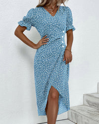Button dress with V-neck & short sleeves – Luisa-Green-S-State of Style
