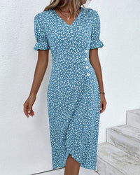 Button dress with V-neck & short sleeves – Luisa-Green-S-State of Style