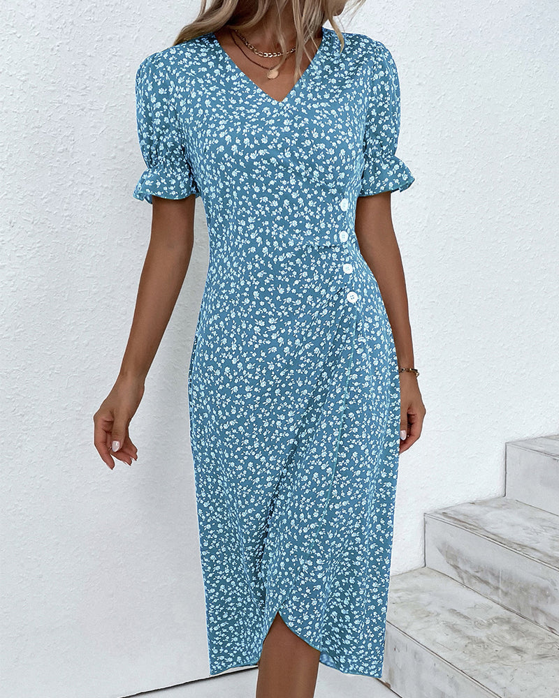 Button dress with V-neck & short sleeves – Luisa-Green-S-State of Style