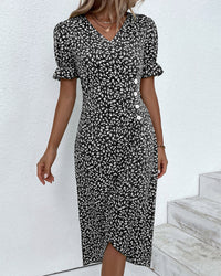 Button dress with V-neck & short sleeves – Luisa-Green-S-State of Style