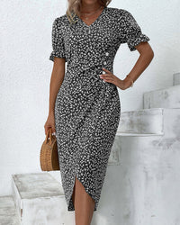 Button dress with V-neck & short sleeves – Luisa-Green-S-State of Style