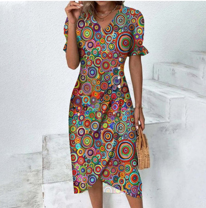 Button dress with V-neck & short sleeves – Luisa-Multicoloured-S-State of Style