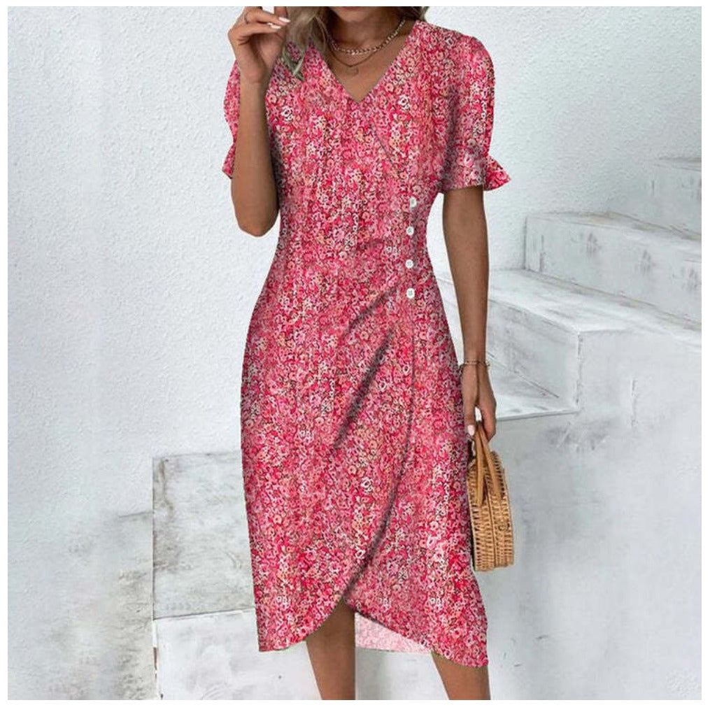 Button dress with V-neck & short sleeves – Luisa-Pink-S-State of Style