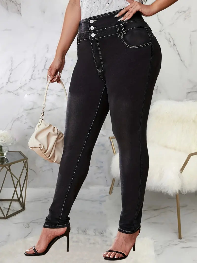 Button-Up Skinny Jeans in Plus Size-Black-L-State of Style