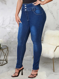 Button-Up Skinny Jeans in Plus Size-Black-L-State of Style